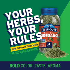 Litehouse oregano sprinkle on pizza adds aromatic flavor.