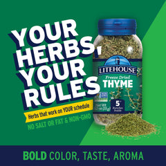 Litehouse Thyme dry herb image demonstrates quick substitution in recipes.