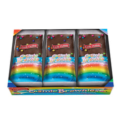 Close-up of fudge icing with rainbow chips on a Cosmic Brownie.