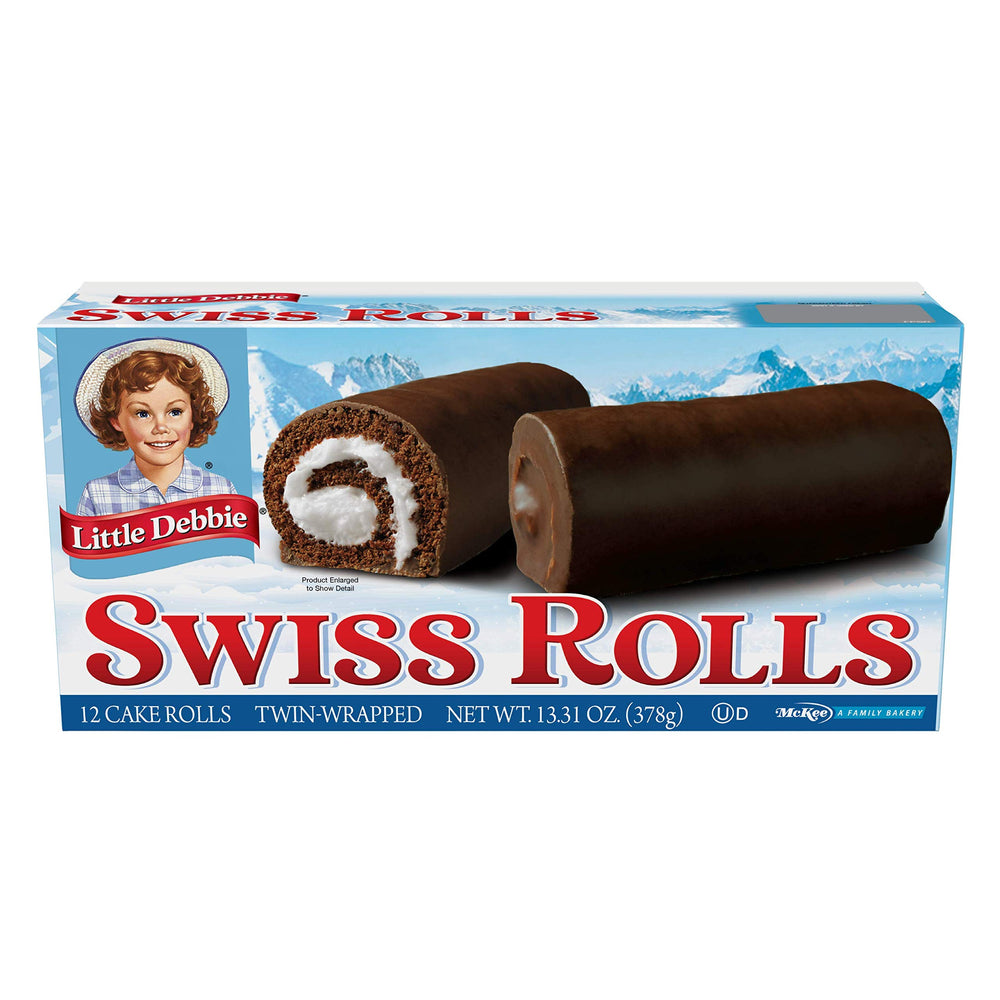Little Debbie Swiss Rolls pack front view, tempting chocolate cake with creme, ideal for an everyday snack.