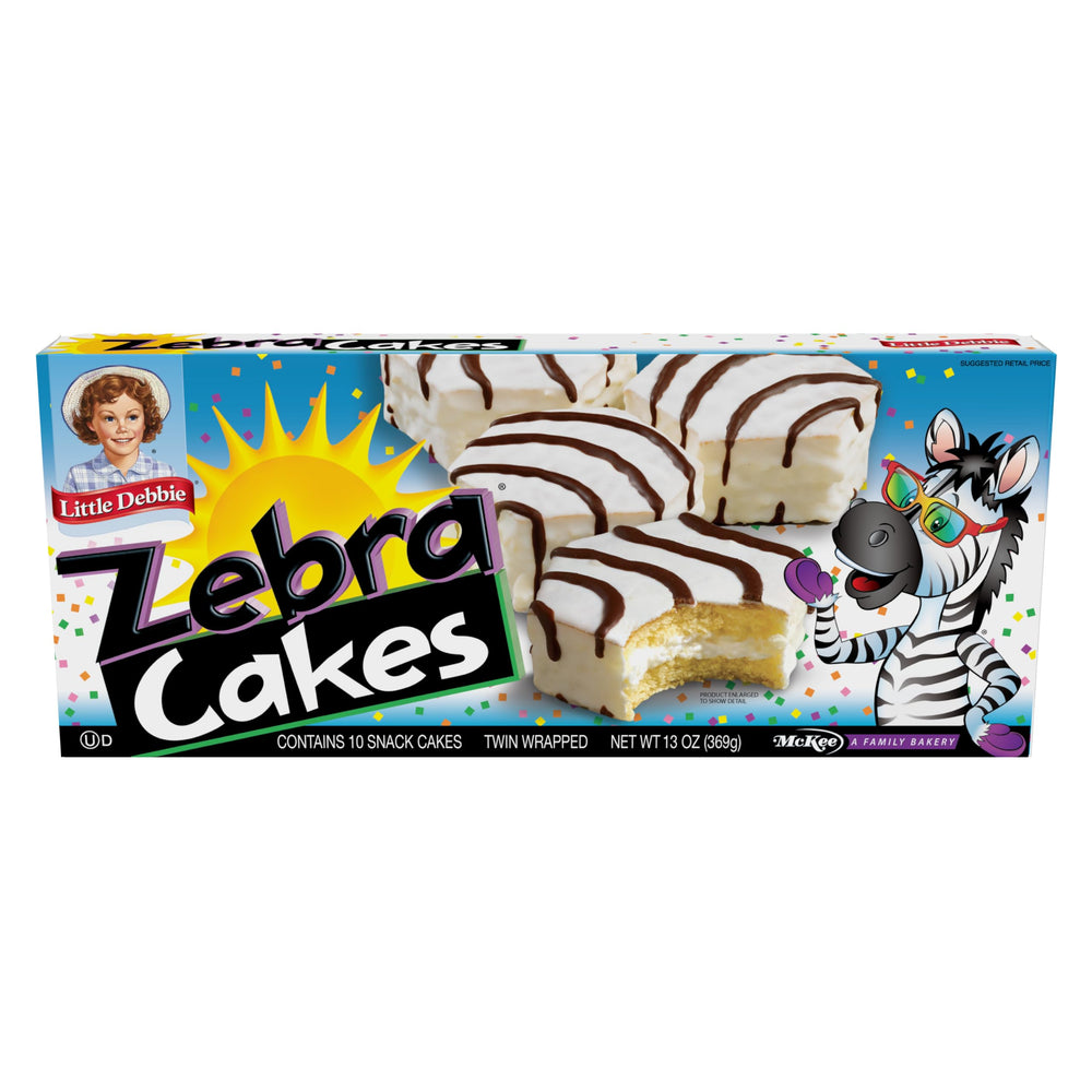 Little Debbie Zebra Cakes package view, twin-wrapped snacks for on-the-go.