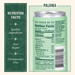 Little Saints Paloma mocktails label closeup, highlighting citrus notes and clean ingredients.