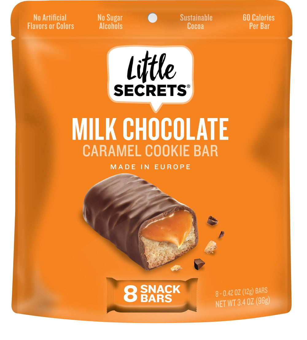 Little Secrets milk chocolate caramel cookie bars minis pack—shareable indulgence in a single bag.