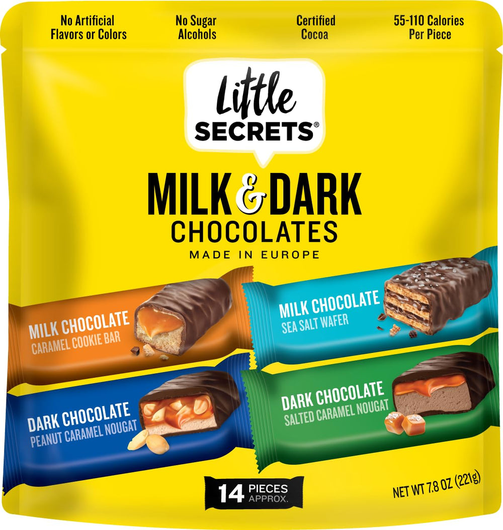 Little Secrets Milk & Dark Chocolate Variety Pack with 14 bite-sized bars for sharing.