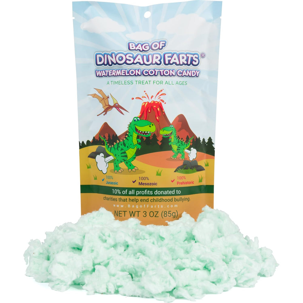 Little Stinker Dinosaur Farts watermelon cotton candy 3oz front view, playful party treat.