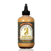 Little Zing Danish Mustard bottle closeup for pourable, dipping versatility.