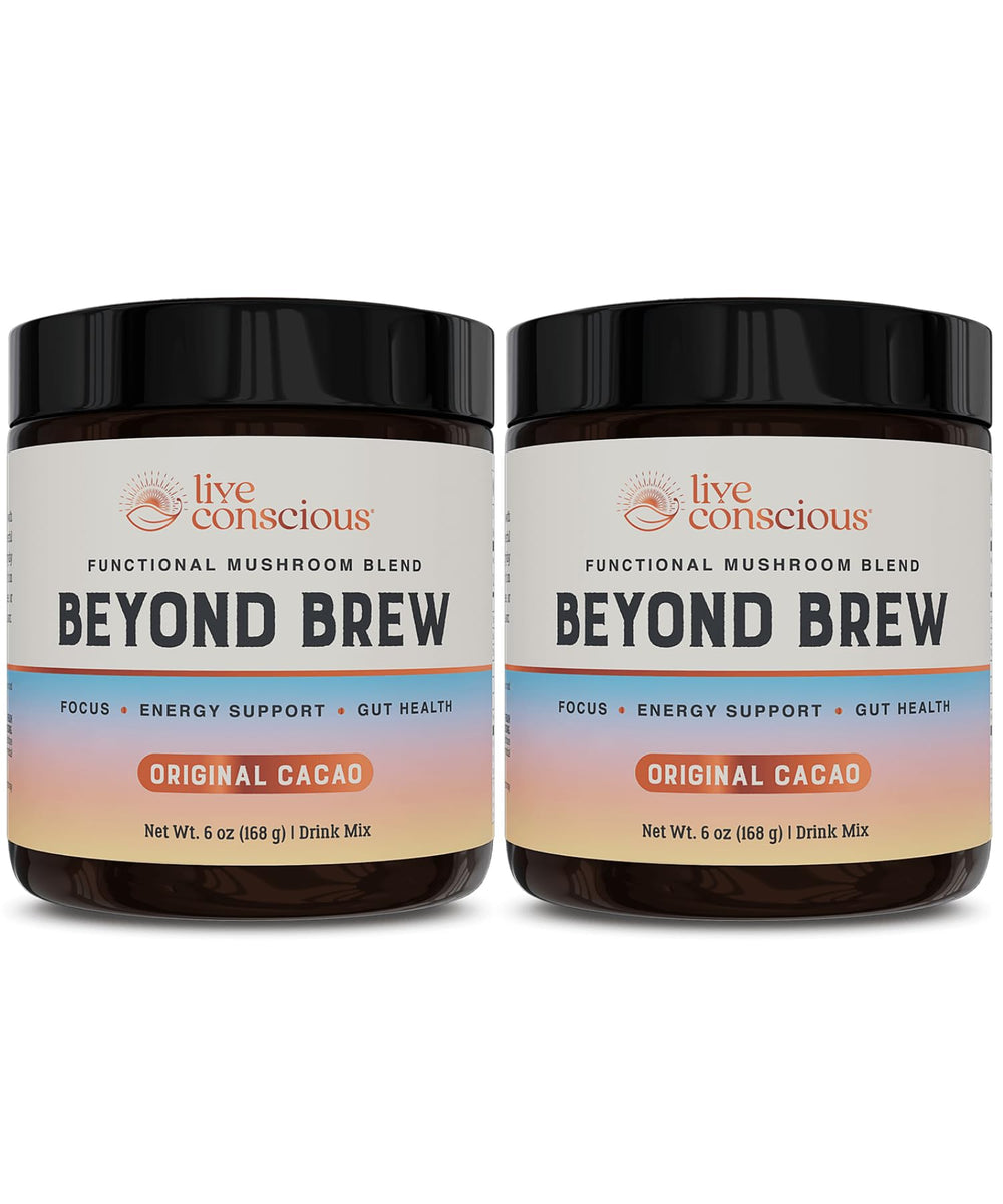 Live Conscious Beyond Brew cacao flavor in a cup, promoting focus.