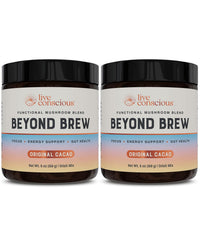 Live Conscious Beyond Brew cacao flavor in a cup, promoting focus.