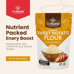 LiveKuna orange sweet potato flour texture close-up highlighting color and fine grind