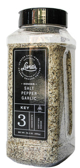 Livia's Salt Pepper Garlic Seasoning bottle enhances steaks with bold, savory aroma.