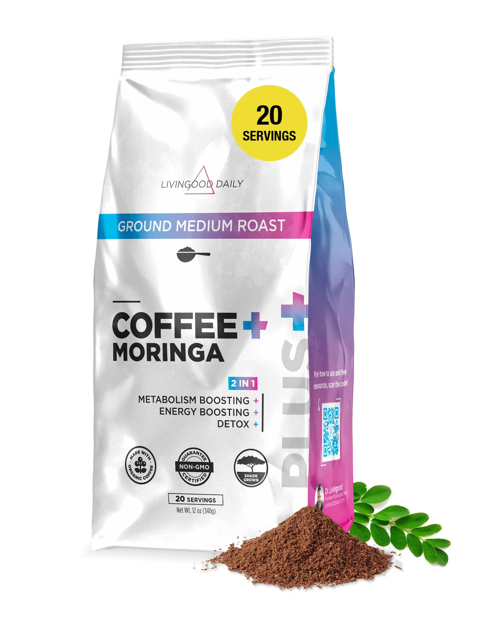 Livingood Daily Coffee with Moringa bag front, showing organic blend for daily energy.