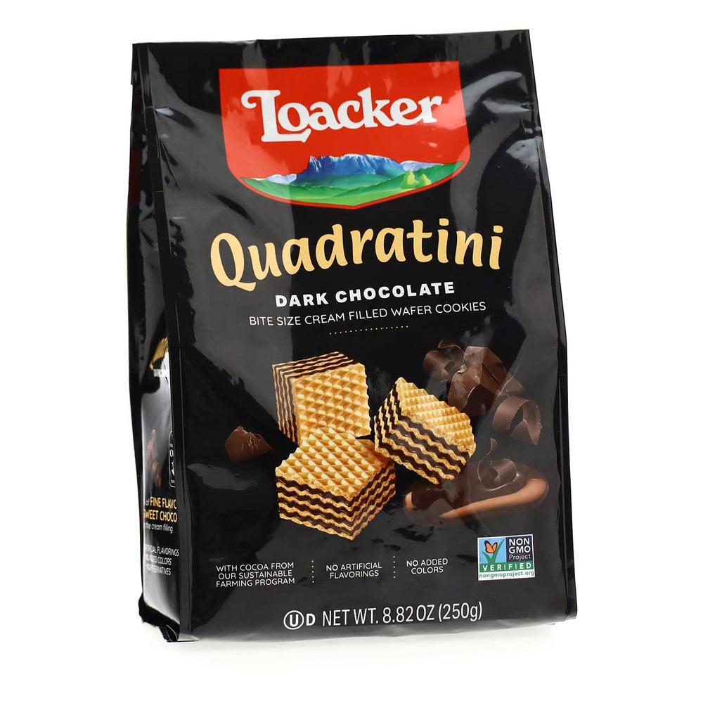 Loacker Dark Chocolate Wafer Cookies pack front for Italian premium snack.