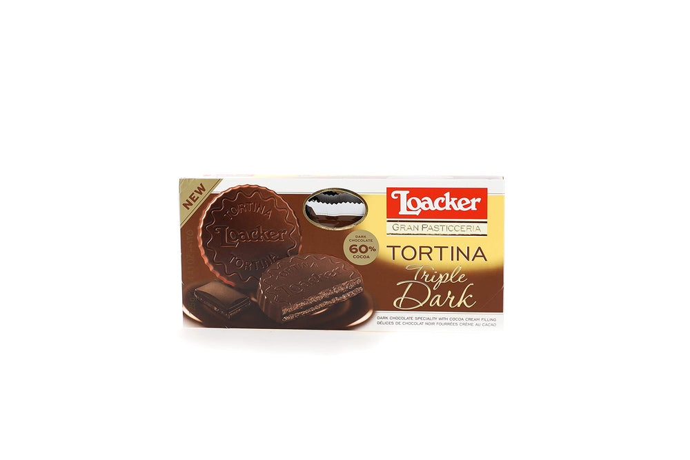 Loacker Gran Pasticceria Tortina Triple Dark wafers close-up, two crisp cocoa wafers for chocolate pleasure.
