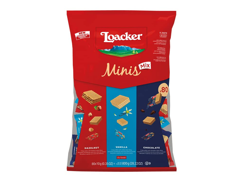 Loacker Minis crispy waffers packaging image, ideal for gifting and sharing at celebrations.