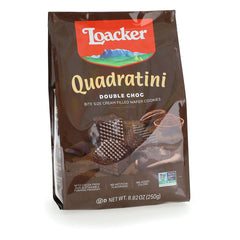 Loacker Quadratini Double Choc packshot showcases premium cookies for gifting or sharing