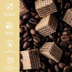 Loacker Quadratini tiramisu wafers cocoa-dusted, inviting a rich, aromatic bite.