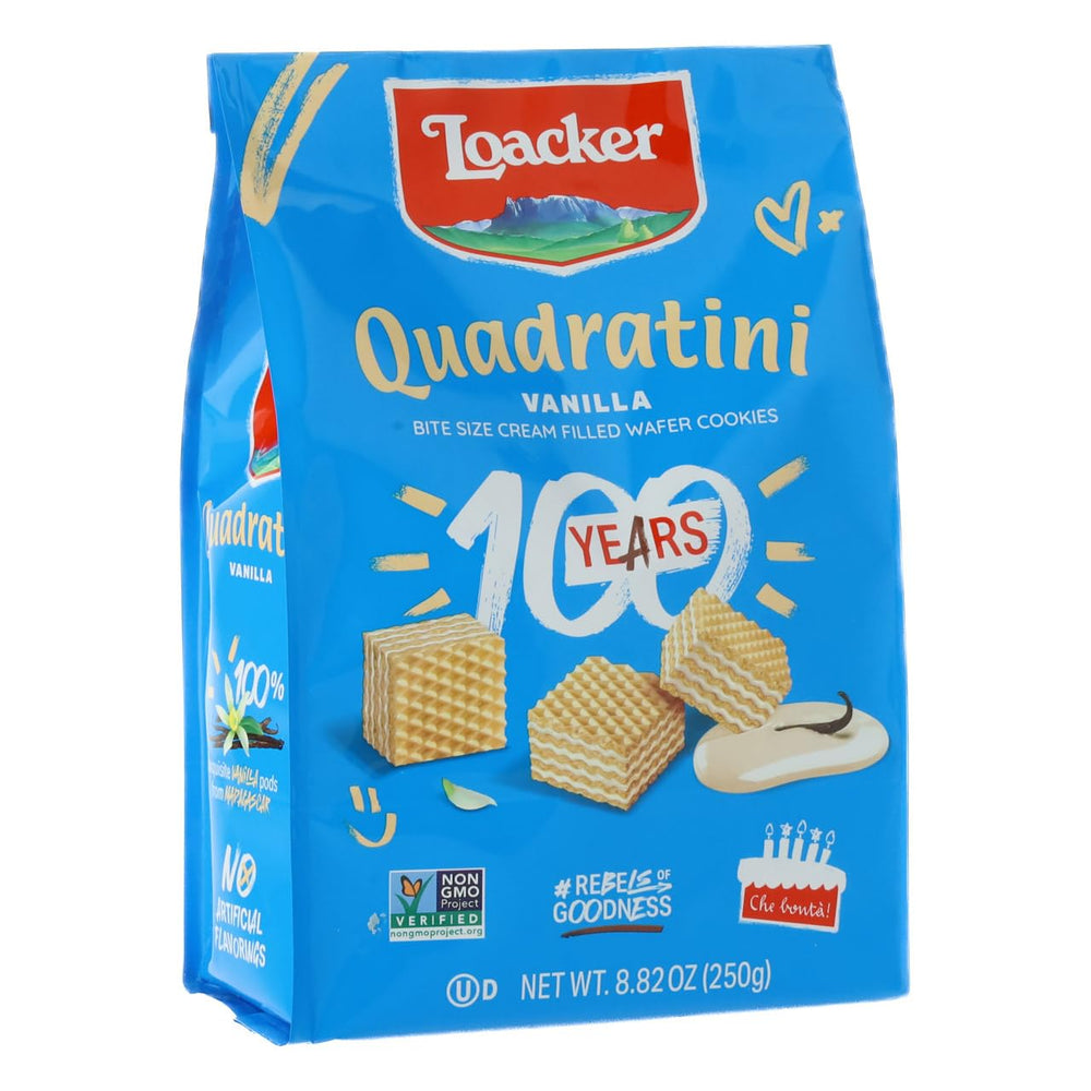 Loacker Quadratini Vanilla Wafer Cookies pack closeup showing crisp, airy layers for on-the-go snacking.