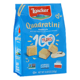 Loacker Quadratini Vanilla Wafer Cookies pack closeup showing crisp, airy layers for on-the-go snacking.