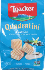 Loacker Quadratini Vanilla Wafer Cookies on a serving dish, ideal for sharing.