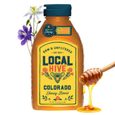 Local Hive Colorado Honey bottle closeup showing rich color, great for tea