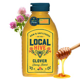 Local Hive Clover Honey bottle being poured into a mug for tea, showcasing natural sweetness.