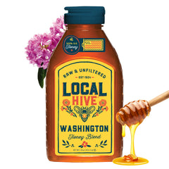 Local Hive Washington honey bottle front view highlights bold, nutty aroma for tea