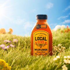 Local Hive Wildflower Honey label detail, tastes floral and versatile for smoothies.