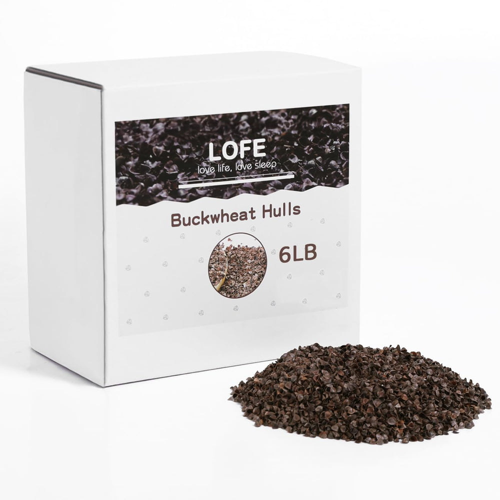 LOFE common buckwheat hulls pillow fill close-up, showing soft texture and adjustable loft.