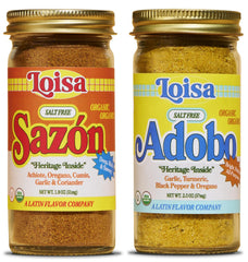 Loisa Salt Free Adobo + Sazon Duo bottle front shows vibrant color for salt-free meals