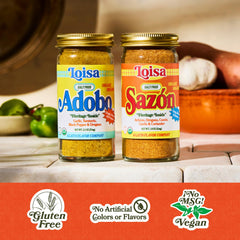 Loisa Salt-Free Adobo Seasoning ingredients label close-up highlighting Organic Garlic.