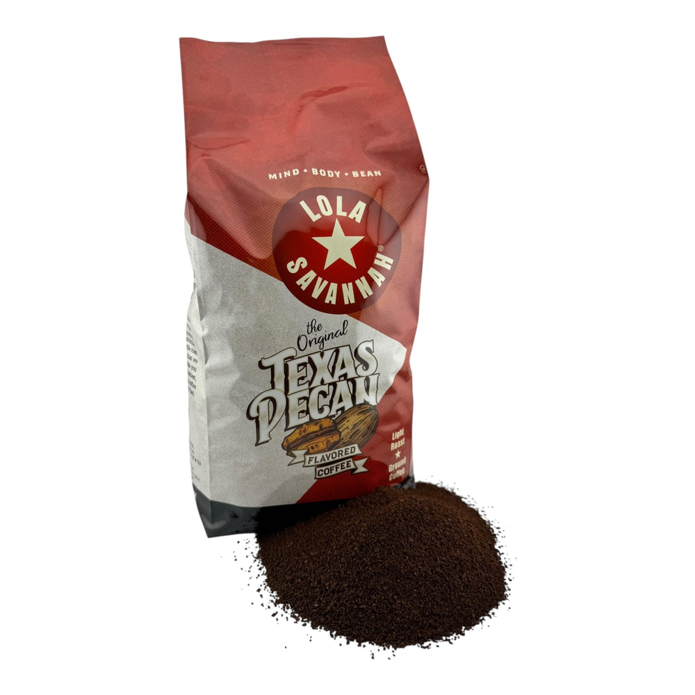 Lola Savannah Texas Pecan Ground Coffee bag shows bold pecan flavor for mornings