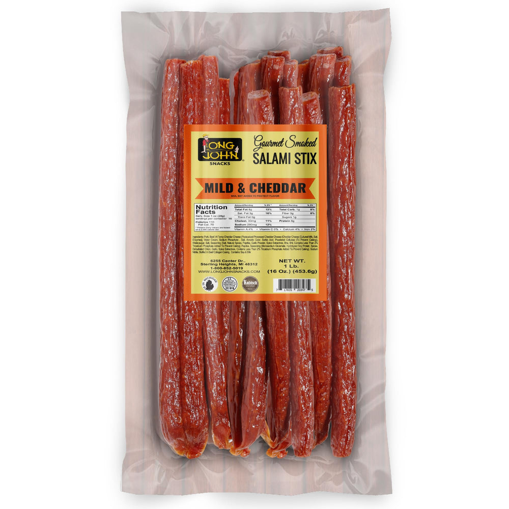 Long John Snacks dried salami pack on counter for on-the-go high-protein snacking.