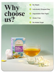 Loomica Decaf Jasmine Green Tea bag steeping in cup yields mellow, refreshing flavor.