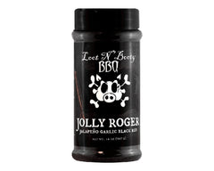 Loot N' Booty Jolly Roger Jalapeño Garlic Black Rub bottle boosts bold crusts on grilled meats.