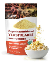 LOOV Nutritional Yeast Flakes in a jar showing natural, savory flavor and packaging.