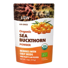 LOOV sea buckthorn powder bottle pour; convenient for smoothies and cereals.