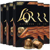L'OR Espresso Capsules Colombia packaging close-up emphasizes premium aluminum pods for freshness.