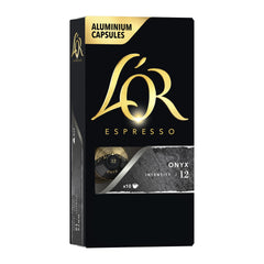 L'OR Onyx espresso capsules pack front highlighting premium roast aroma and design benefits