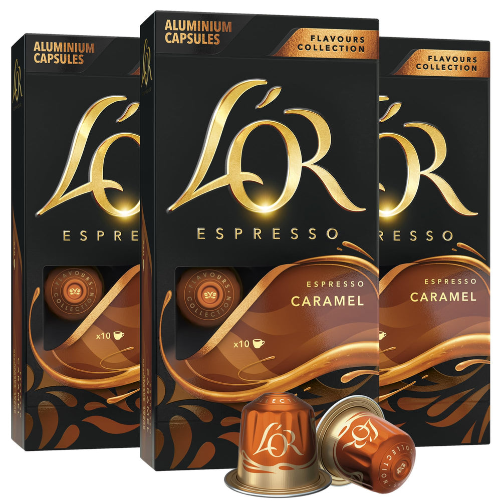 L'OR espresso caramel capsule delivers rich aroma for a quick morning brew.