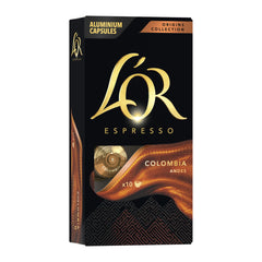 L'Or Espresso Colombia crema capsule close-up for premium single-serve espresso.