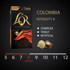 L'Or Espresso Colombia capsules pack front view, ideal for consistent at-home brews.
