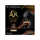 L'OR Le Tigre dark roast capsules ready for a bold morning espresso.