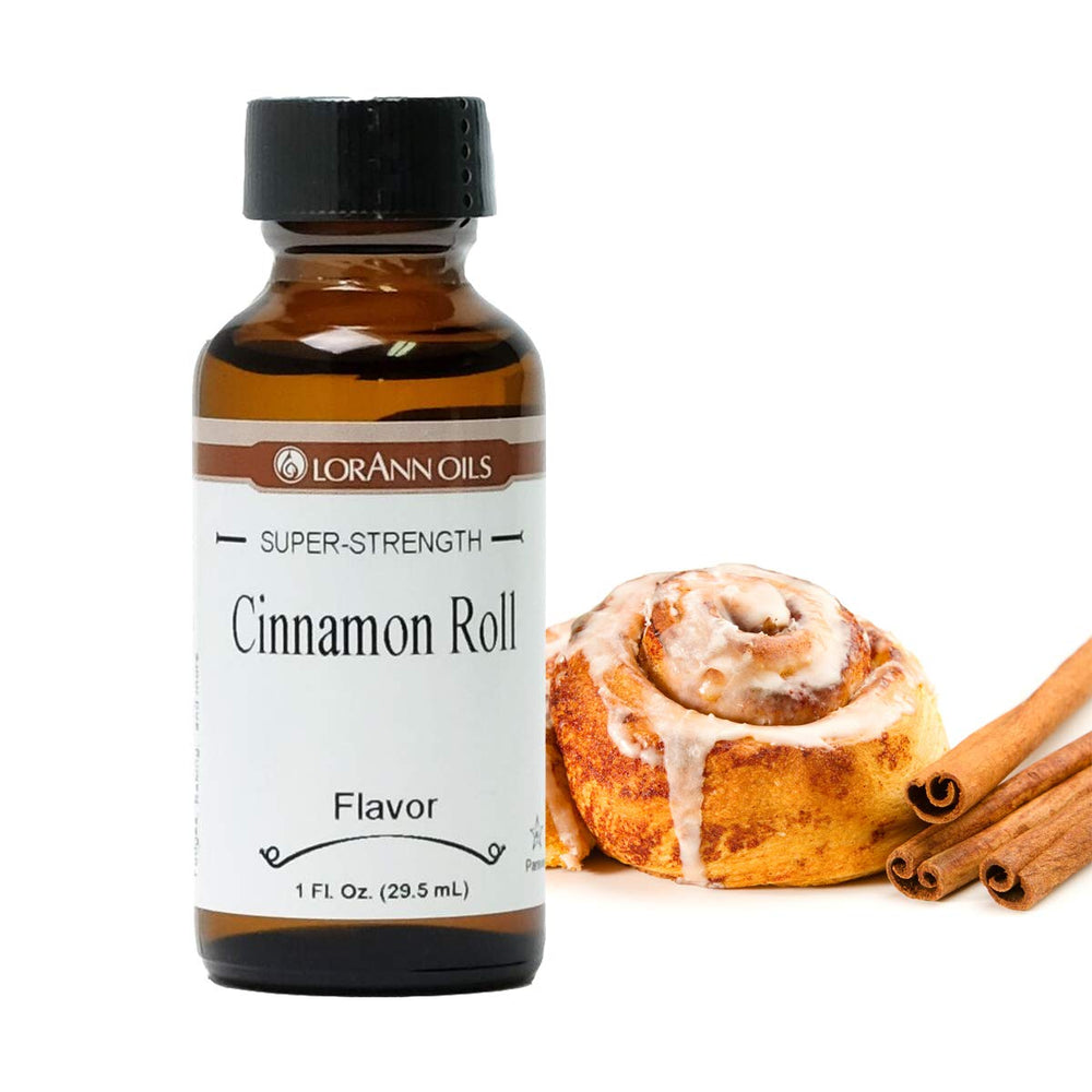 LorAnn Oils Cinnamon Roll flavoring bottle adds bakery-strength cinnamon to candy and baking.