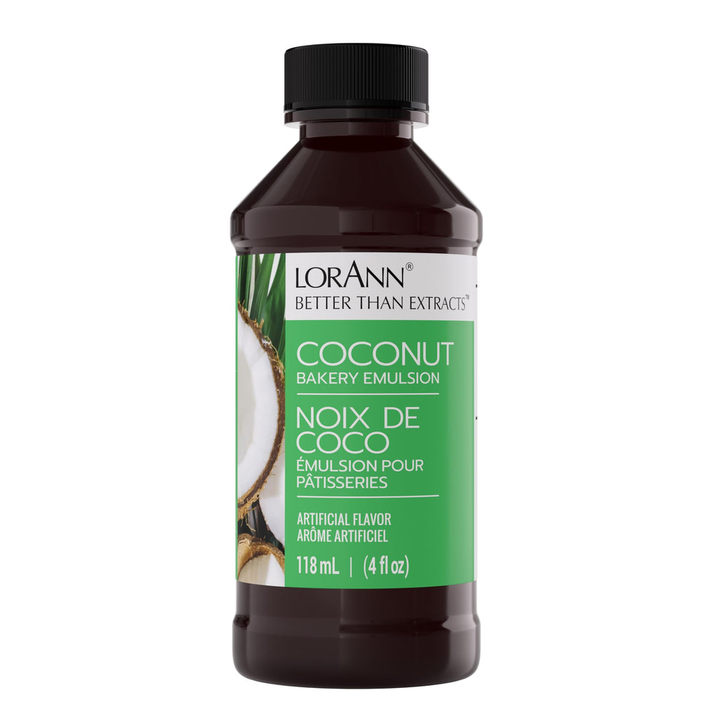 LorAnn Oils Coconut Bakery Emulsion bottle top view highlighting true coconut flavor for cakes.