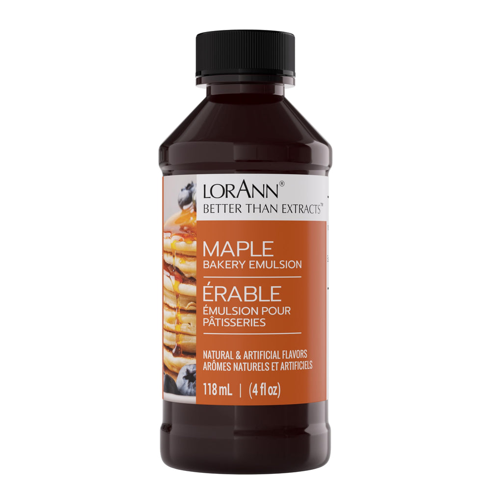 LorAnn Oils Maple Bakery Emulsion bottle enhances maple flavor in cakes and cookies.