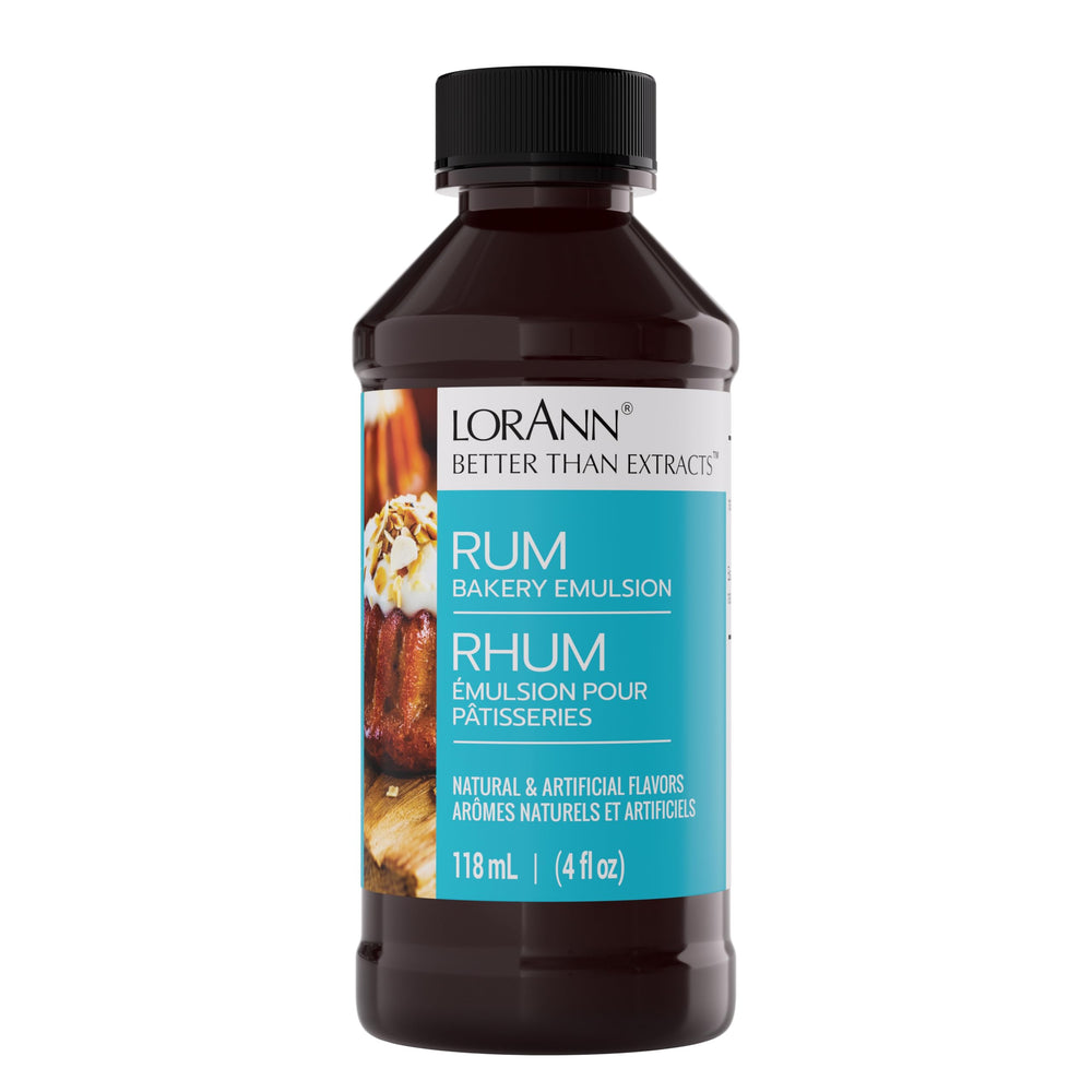LorAnn Oils Rum Bakery Emulsion bottle on counter for rich baking flavor.