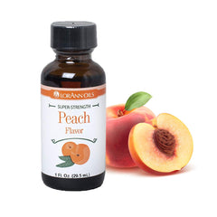 LorAnn Peach SS flavor close-up on bottle cap highlights a strong peach aroma for desserts.