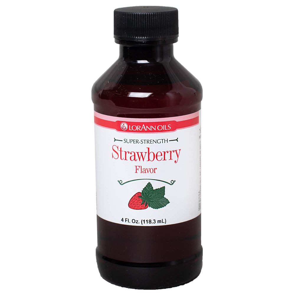 LorAnn Strawberry SS flavor bottle closeup highlights potent candy-grade strawberry notes.