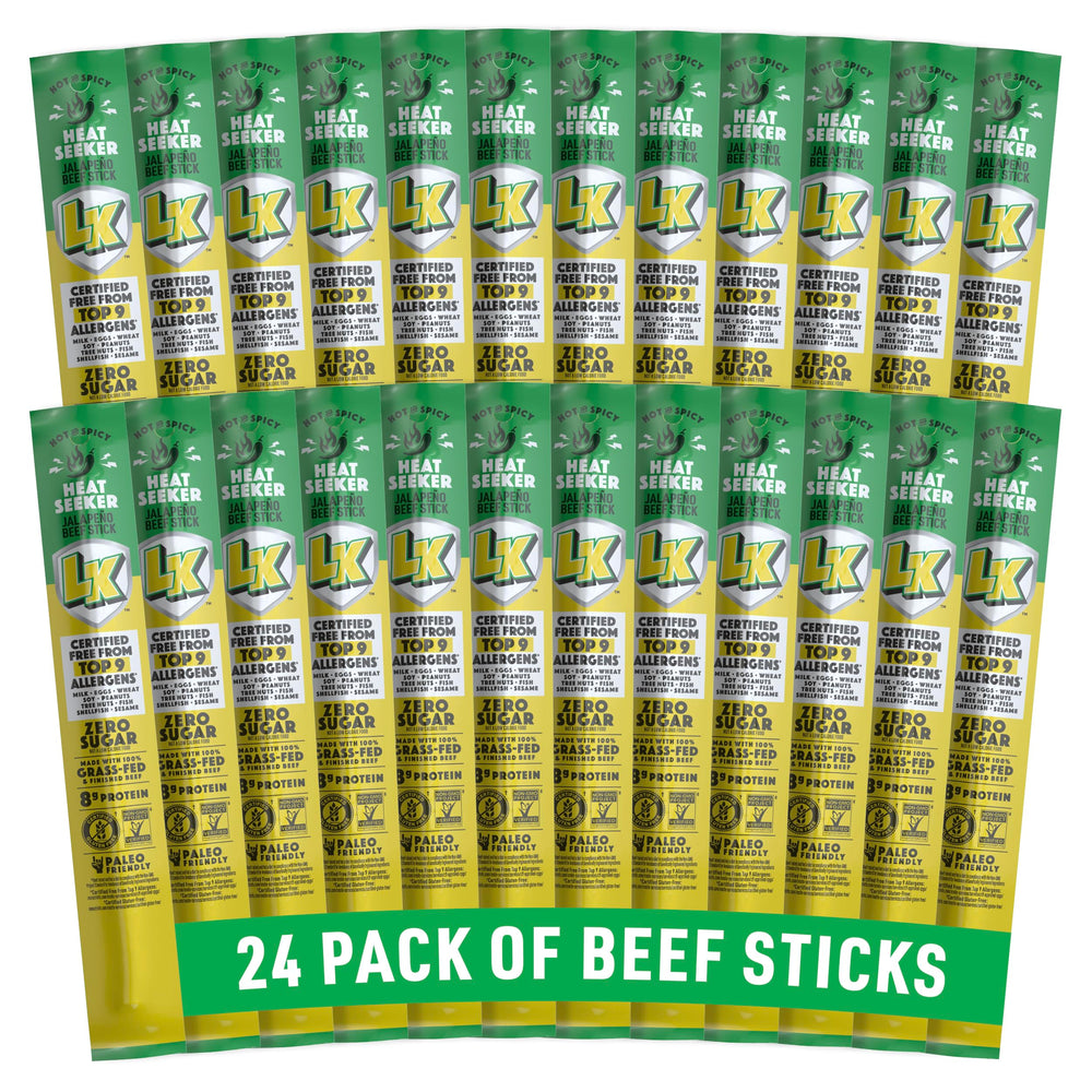 Lorissa's Kitchen Heat Seeker Jalapeño Beef Stick 24-pack, protein-rich ready-to-eat snack.