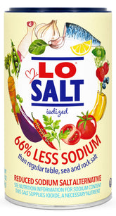LoSalt iodized reduced-sodium bottle on kitchen counter ready for everyday cooking.
